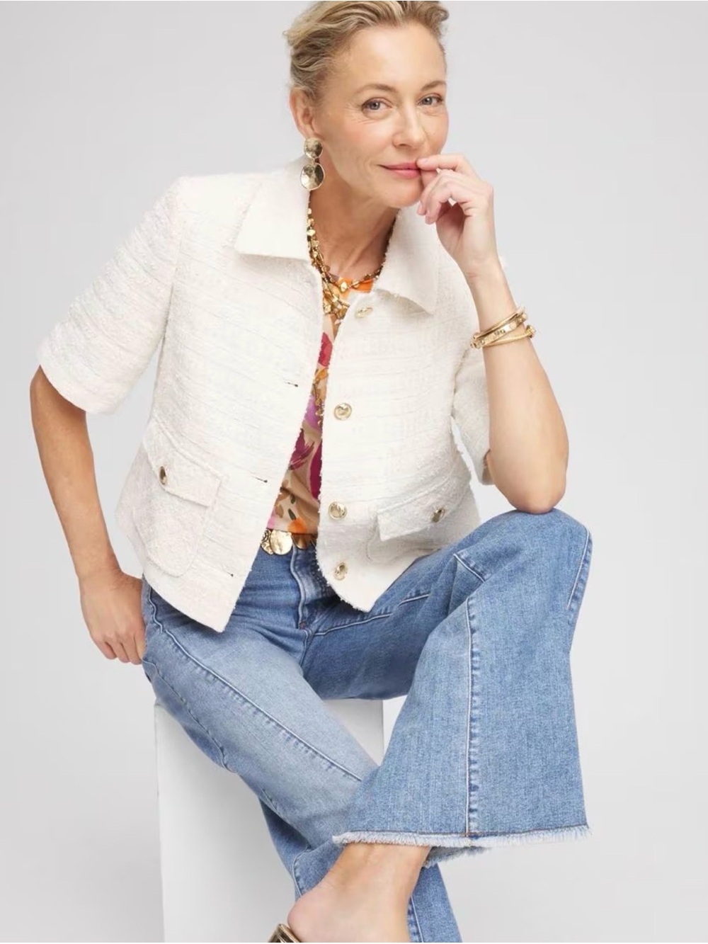 Chico's Cream Tweed Blazer with Gold Buttons